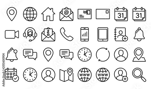 Tableau sur toile Communication and contact outline icons set editable stroke geo tag mail calenda