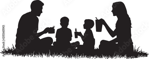 Silhouette of a happy family having a picnic on the grass, parents with two children eating together outdoors, vector illustration