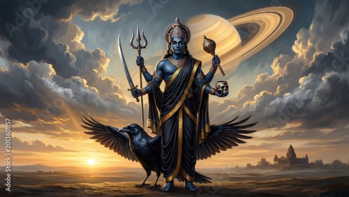 Shani Dev Saturn Warrior – Mythological Divine Oil Painting