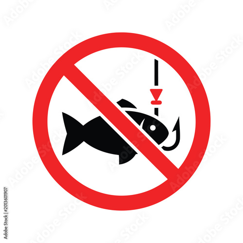No fishing allowed sign with a fish and a hook icon for restricted areas and environmental protection zones Vector