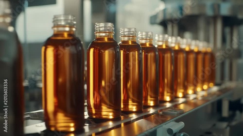 Glass bottles filling with liquid medicine moving along a factory conveyor belt, symbolizing automation, precision, and efficiency in the healthcare industry