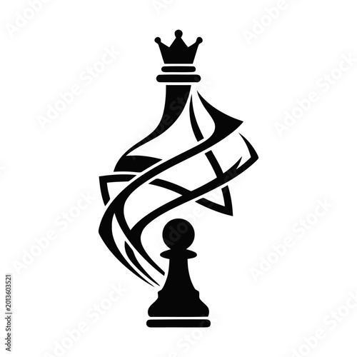 Chess queen and pawn are stylized with flowing abstract lines to represent transformation and strategic growth.