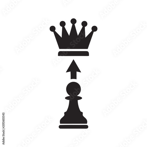 Chess pawn is transforming into a queen to represent career advancement and strategic promotion in a corporate environment.