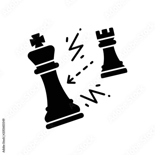 Chess king and rook pieces engage in a strategic battle depicted through dynamic lines and symbols.