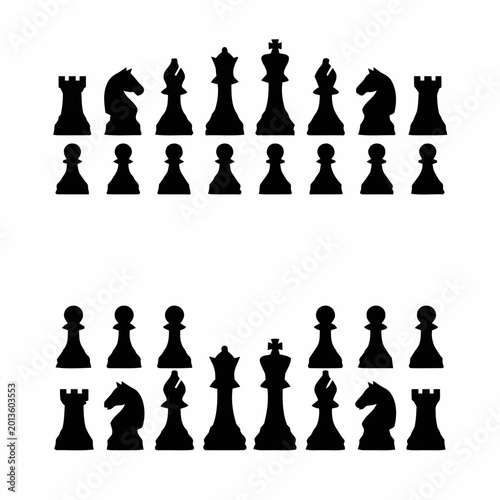 Chess set silhouettes are displayed in two rows to illustrate the starting positions of a competitive match.