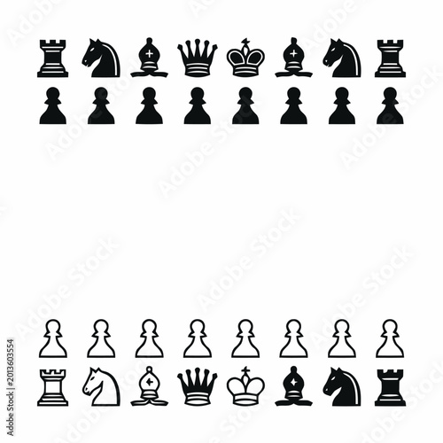 Chess pieces are arranged in two rows facing each other on a plain white background.