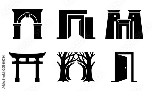 Foto Architectural Archways and Entrances Vector Icons: Ancient Gates, Modern Doors,