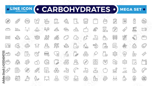 Carbohydrates outline icon set. Nutrition and food pyramid icon set. Featuring plate, calorie, protein, carbs, fiber, vitamins, and portion. Perfect for health apps. Editable stroke outline icon.
