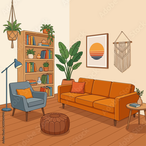 A serene living room scene with a cozy couch, bookshelf, plants, and decorative items in a warm indoor setting.
