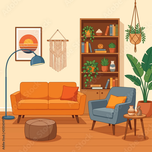 Cozy living room interior with sofa, chair, bookshelf and plants at home indoors