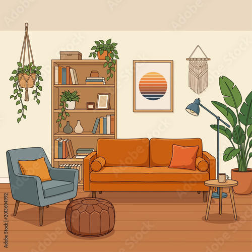 A cozy living room interior with a sofa chair, bookshelf, plants, and decor
