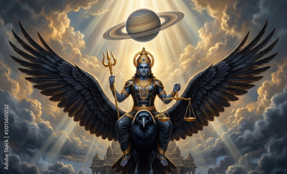 Fototapeta premium Shani Dev Crow Ride – Epic Saturn Divine Artwork