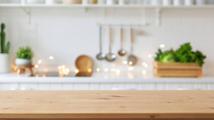 Empty wooden kitchen table in blurred modern white interior background with bokeh fairy lights