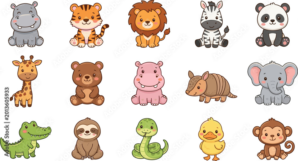 Naklejka premium Adorable Kawaii Style Animal Vector Collection Featuring Baby Lion, Tiger, Elephant, Panda, and Giraffe Characters for Children's Educational Media and Nursery Wall Art Designs
