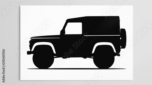Minimalist off-road vehicle silhouette, black 4x4 suv profile on white background, rugged adventure car icon for automotive branding and design