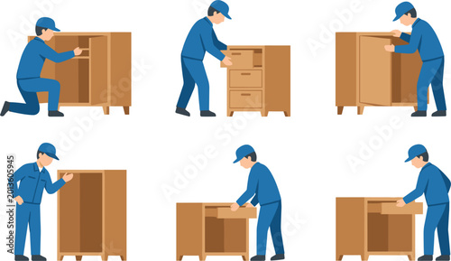 Foto Furniture Assembly Worker Illustrations Showing Stages of Assembling Cabinets an