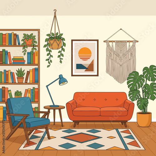 Cozy living room interior with sofa, chair, plants, and decor.