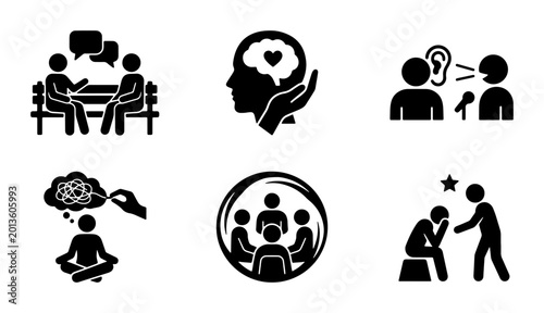 Bild auf Leinwand Mental Health Support Icons, Therapy Session Symbols, Emotional Well-being Graph