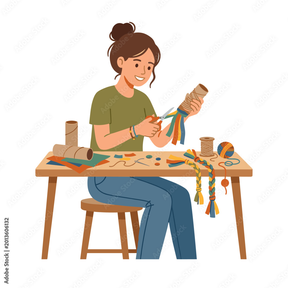 Fototapeta premium Woman crafting with colorful ribbons and yarn at a table