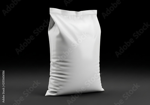 Isolated empty blank white fabric sack standing upright on dark background, mock-up template for packaging design branding