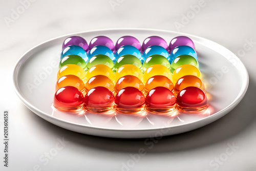 Vibrant rainbow pudding balls arranged in symmetrical dessert composition highlighting glossy texture and modern minimal presentation style