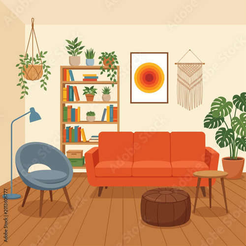 A cozy living room scene featuring a couch, chair, bookshelf, plants, and decor.