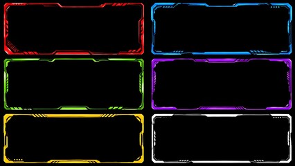 Set of six glowing neon rectangular frames with rounded corners in various colors for digital design elements and futuristic interface display graphics

