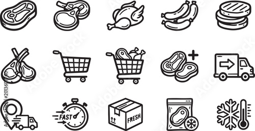 Tableau sur toile Set of meat and delivery related line icons representing various cuts of meat, shopping carts, and transportation for fresh produce