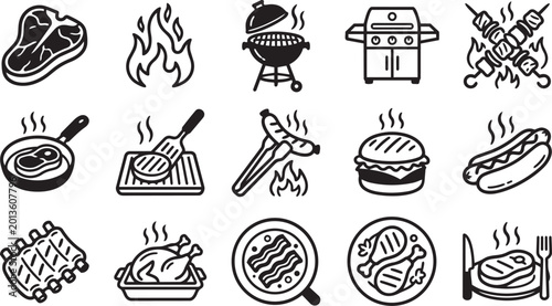 Bild auf Leinwand Variety of grilling and barbecue related line icons showing different meats and cooking equipment