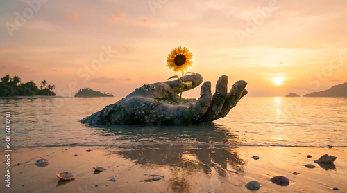 Fantasy surrealism: Ocean sunset reveals weathered texture hand sculpture holding nature's sunflower, an advertising idea.