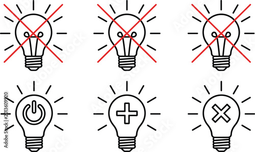 Tableau sur toile Black and white vector icons of light bulbs with on/off switches, plus and minus symbols, and crossed-out bulbs for energy, electricity, and status indicators
