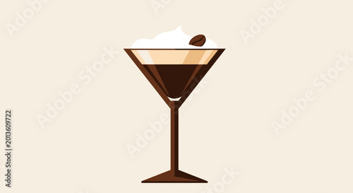 Illustration of an espresso martini served in a sleek glass with a coffee bean garnish, against a minimalist beige background