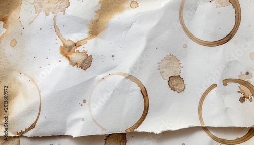 Abstract background of crumpled white paper adorned with an array of brown coffee stains, distinct ring marks, and scattered splatters, evoking a vintage, distressed texture