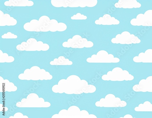 A repeating pattern of stylized white clouds on a light blue background, symbolizing cheerfulness, calm, and decorative simplicity.