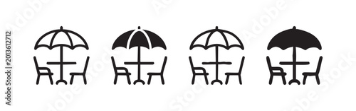 Tableau sur toile Outdoor cafe table with umbrella and chairs icon set