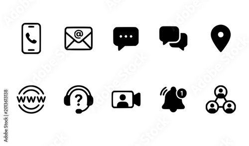 Modern contact and communication icon set 2025 flat vector illustration isolated on white background