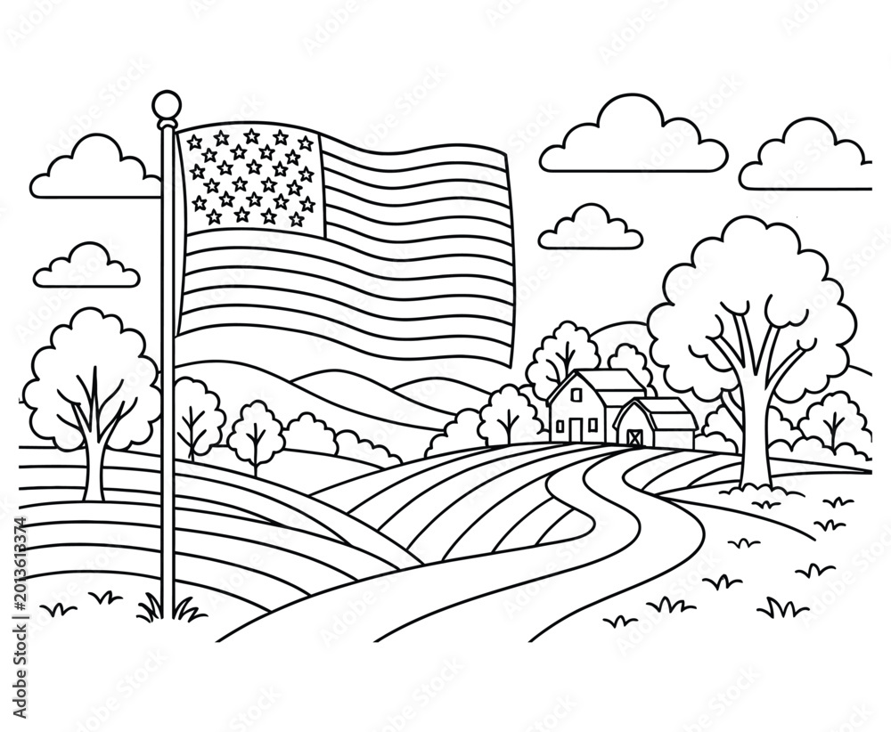Fototapeta premium American flag on pole in countryside with farm buildings and trees peaceful landscape.