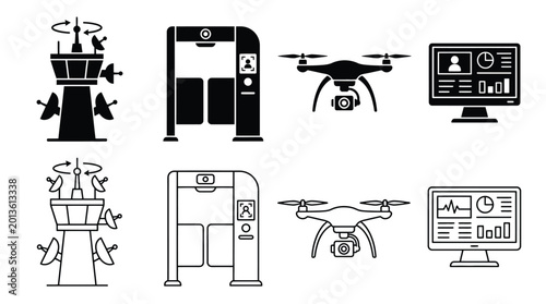 Принти на полотні Set of security and surveillance icons including communication tower, metal dete