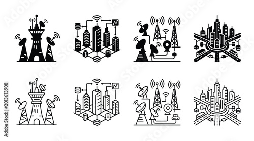 Tableau sur toile Set of icons representing smart city technology, including communication towers,