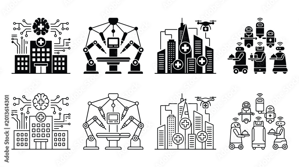 Fototapeta premium Set of smart hospital icons, including aidriven healthcare facilities, robotic surgery systems, medical drone delivery services, and automated service robots for patient care