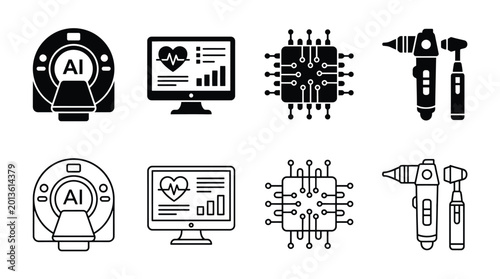 Картината върху платно Set of medical technology icons, including aipowered ct scanner, health monitori