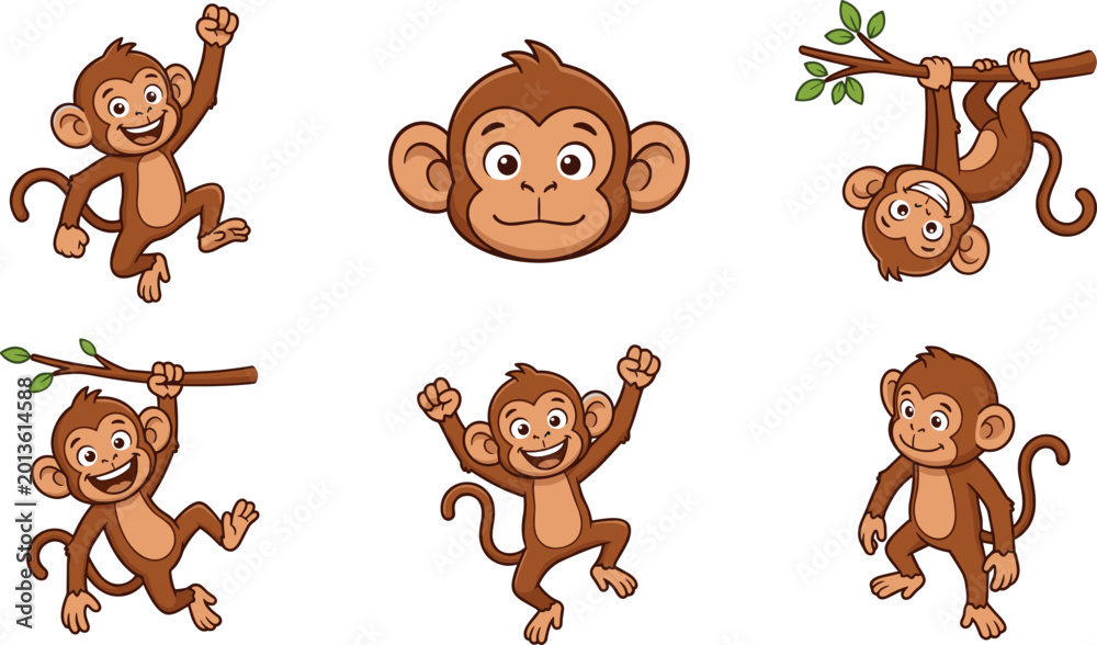 Fototapeta premium Cute Monkeys Playing, Hanging from Trees, and Showing Joyful Expressions for Fun Animal Illustrations
