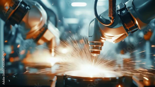 Robotic arm performing precise laser welding on a metal component in a smart factory, showcasing advanced automation, bright welding sparks and high tech industrial manufacturing processes