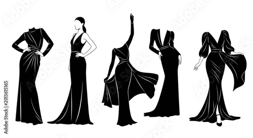 Set of silhouettes of elegant women in evening gowns