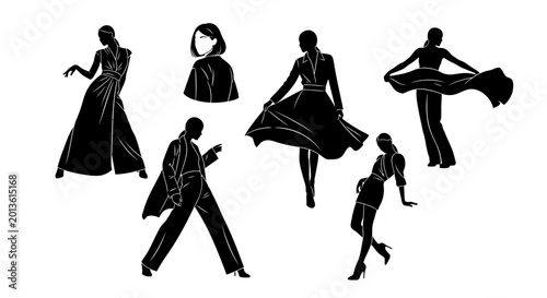 Fashion model silhouettes in various poses, stylish clothing collection