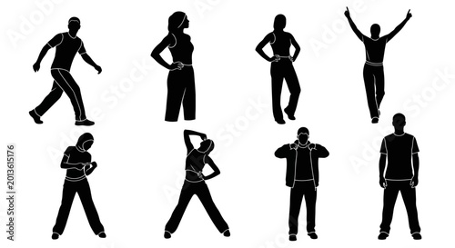 Set of diverse human silhouettes in various active poses
