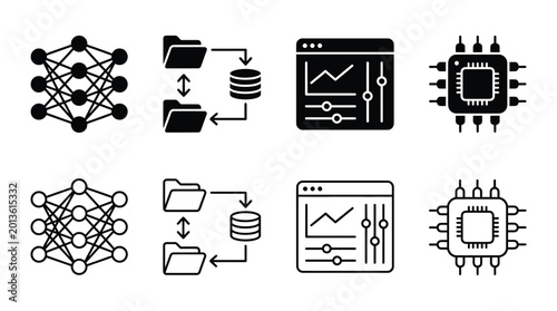 Cuadro en lienzo Set of technology and computing icons including neural network, data storage, da