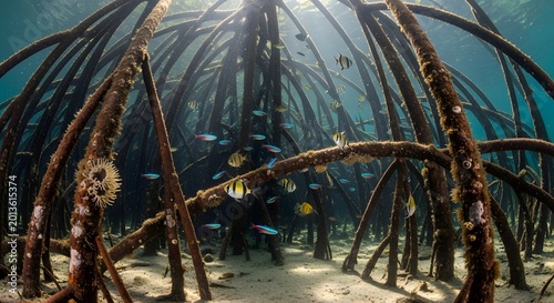 Mangrove roots underwater with small fish swimming among dense network sunlit water.