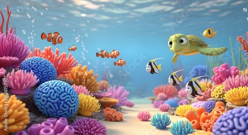 Cartoon sea turtle swims with clownfish and colorful coral reef in animated underwater.