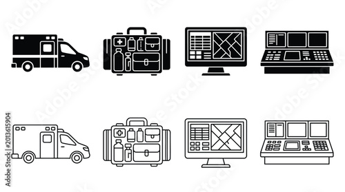 Quadro su tela Set of emergency service icons, ambulance, medical bag, dispatch monitor, and co